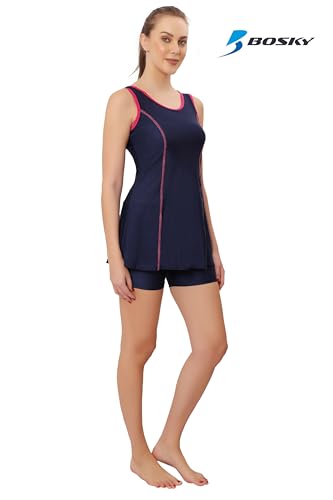 Image of BOSKY Women Frock Style One Piece Swimming Costume Stretchable Swimwear Ladies Swimsuit Flexible Fit Sleeveless Swim Dress Suit Set