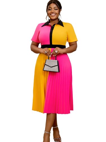 AOMEI Women's Colorblock Turn-Dwon Collar Short Sleeve Pleated A-Line Business Dress