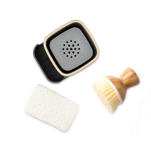 Image of Full Circle Bubble Up Combo - Family Safe, Formaldehyde-Free - Gray Ceramic Soap Dish with Plant-Based Sponge & Bamboo Dish Brush - Versatile Kitchen Scrub Brush Set for Pots, Pans, Counter & Ovens