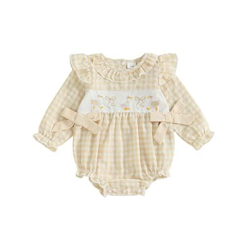 Infant Baby Girl Outfit Goose Embroidery Plaid Long Sleeve Smocked Bubble Romper Bodysuit Newborn Farm Clothes Fall