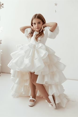 Puff Sleeve Flower Girl Dress with Bow Knot High Low Tiered Tulle First Communion Dresses Organza Ball Gown for Girls2