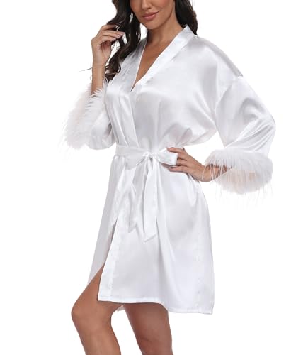 Crystal Dew Women's Feather Bride Kimono Robes with Embroidery Bridal Silky Satin Bathrobe Wedding Party Sleepwear - Thumbnail 6