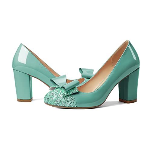 YODEKS Women's Bow Tie Knot Round Toe Pumps Slip On High Heels Cap Toe Chunky Block Heel Shoes Office Party4