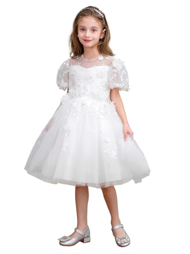 ABAO SISTER Puff Sleeves Embroidered Lace Flower Girl Dress Birthday Party Formal Party Pageant Tulle Tutu Ball Gown Dress