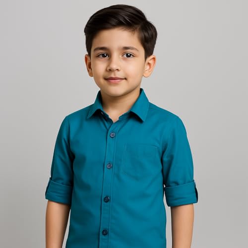 Image of Boys Kids Turquoise Blue Cotton Shirt, Long Roll-Up Sleeves, Party, Age 2-11 Years
