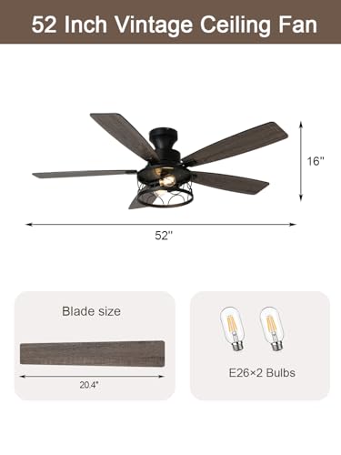 Image of 52 Inch Flush Mount Farmhouse Ceiling Fan with Lights and Remote | Rustic Fandelier Black Metal Caged Chandelier Fan, 5 Dual Blades, Reversible Quiet DC Motor 6 Speed, for Bedroom Living Room