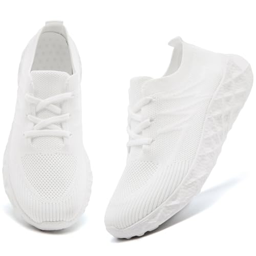 IQYNAM Tennis Running Shoes Womens Non Slip Work Shoes Lightweight Athletic Gym Workout Casual Walking Sneakers White Size Women 8.5