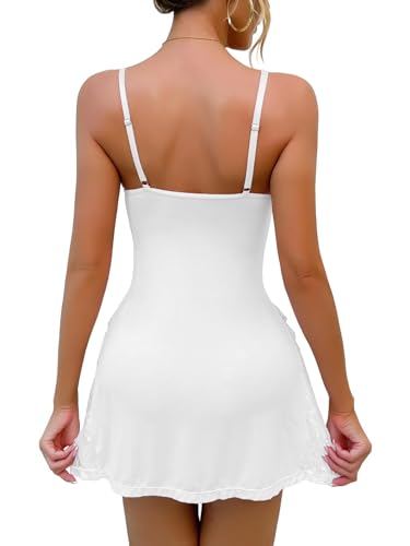 Image of Foxiny Sexy Split Side Floral Lace Trim Full Slip Night Gown Babydoll Lingerie Dress with Thong 2 piece