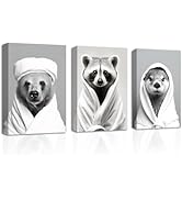 CXHOSTENT Funny Bathroom Wall Decor 3 Piece Bear Raccoon Sloth Wearing Bathrobes Canvas Wall Art ...