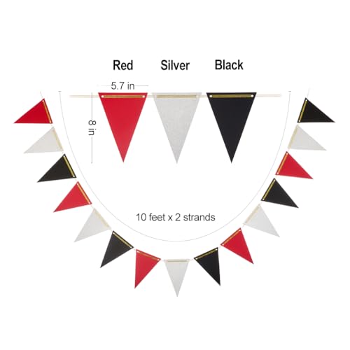 Image of MOWO Silver Black and Red Pennant Banner Paper Bunting Hanging Decoration for Graduation Birthday Retirement Halloween Party, Pack of 30 Counts Pennant, 20 feet