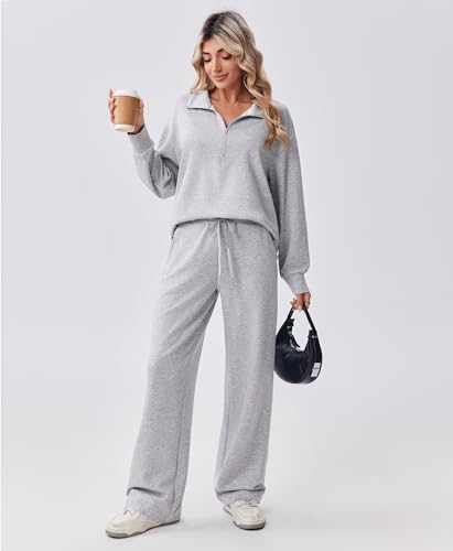 Image of PINSPARK 2 Piece Sets for Women 1 /2 Zip Sweatsuit 2026 Matching Outfit Fall | Lightweight Air Layer Fabric, Loose Fit Sweatshirt, Straight Leg Pants with Pockets, Soft Lounge Sets, Airport Outfits Women