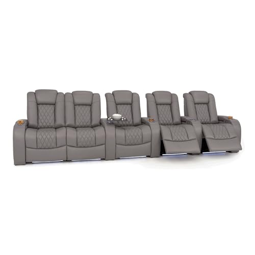 Image of Seatcraft Virtuoso LT Gray Italian Leather Home Theater Seating, Zero Gravity Power Recliner, Heat and Massage, Powered Headrest and Lumbar Gaming and Home Office Chair, Row of 5 Left Loveseats