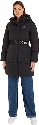 Calvin Klein Jeans Damen Mantel Logo Belt Long Puffer Winter, Schwarz (Ck...
