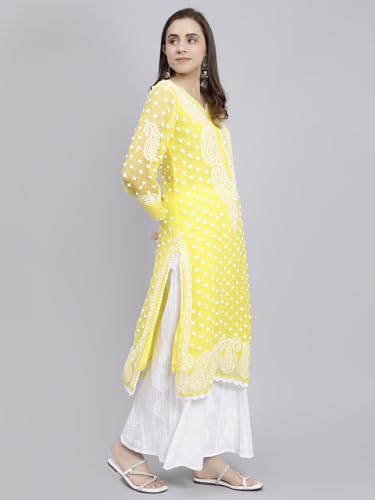 Image of Seva Chikan Hand Embroidered Lucknowi Chikankari Straight Regular Fit Georgette Women's Kurta with Inner Slip SCL4372