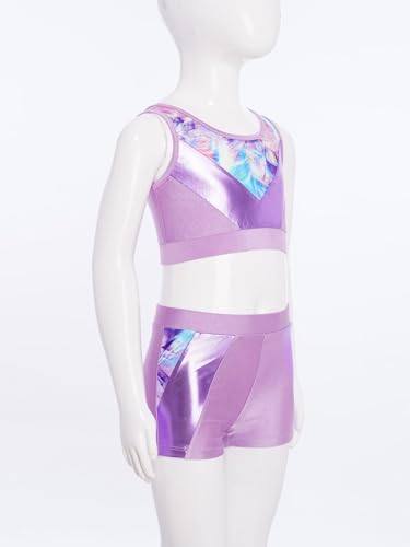 Girls Gymnastics Dance 2 Piece Shiny Metallic Set Crop Tank Top And Booty Shorts for Tennis Sports Lavender 14 Years4
