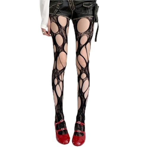 Image of Women's Ripped Fishnet Tights Stockings Irregular Hole Mesh Tights Stockings Y2k Lace Sheer Pantyhose for Daily festivals