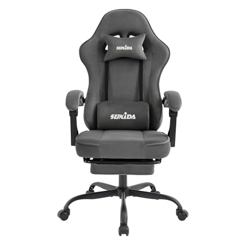 SUKIDA Chaise de gaming en tissu, Chaise de gaming ergonomique avec repose-pieds, Chaise de course informatique réglable avec support lombaire, Gris Chaise PC ergonomique