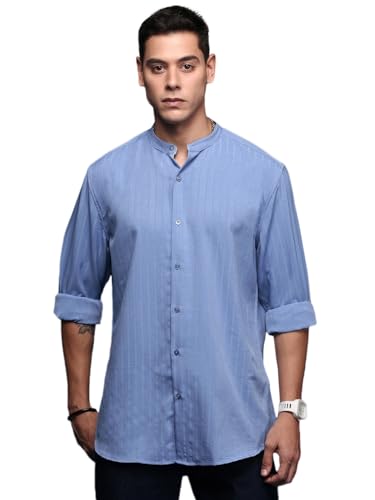 Image of SHOWOFFFF Men Solid Casual Shirt | Mandarin Collar Full Sleeves Cotton Shirt for Mens | Slim Fit Regular Length Shirt for Men's