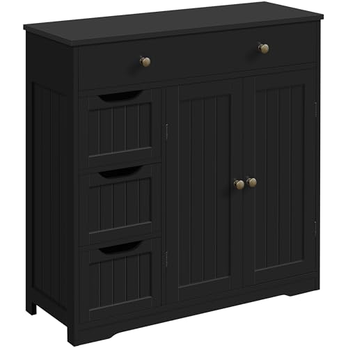 Image of Yaheetech Bathroom Floor Cabinet, Large Storage Cabinet with 4 Drawers & 2 Doors, Free-Standing Cupboard for Kitchen, Bathroom, Entryway, Black