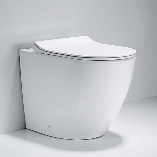 Rimless Back to Wall Toilet Comfort Height Toilets White Ceramic WC Pan with Soft Close Seat Modern Round Power Flush WC, High BTW Bathroom Toilet for Disable Elderly