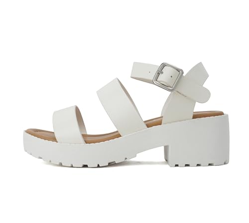 Soda ACCOUNT-2 ~ Little Kids/Children/Girls Open Toe Two Bands Lug sole Fashion Block Heel Sandals with Adjustable Ankle Strap
