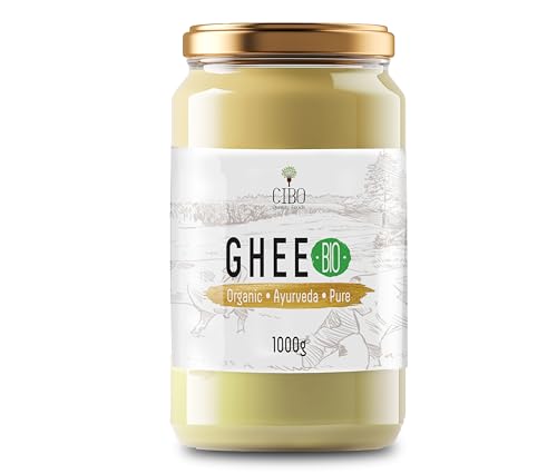 Cibo Ghee Mantequilla Clarificada Bio 1Kg - Leche de Parma y Reggio Emilia - Made in Italy - Vacas de Pasto - Punto de Humo 250°C - De Nata Centrifugada