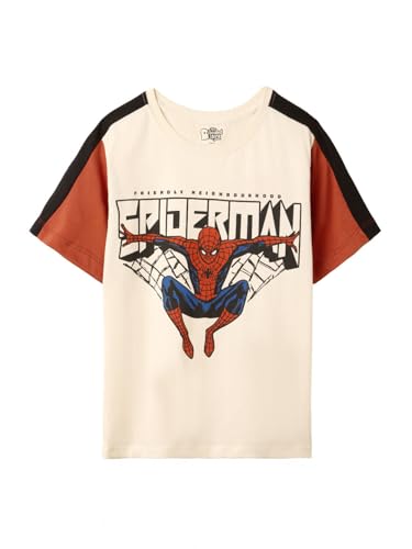 Image of The Souled Store Spider-Man: Friendly Spidey Boys Short Sleeves Round Neck Beige Graphic Printed Regular Fit Cotton T-Shirts (2-8 Yrs)