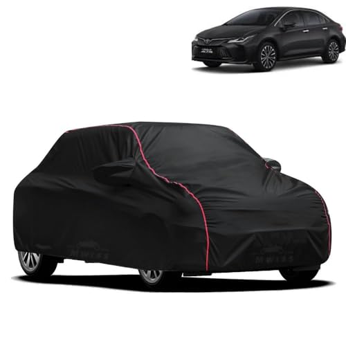 Image of Waterproof Car Cover for Toyota Corolla Altis | All-Weather Protection, Dustproof & UV Resistant | Triple Stitched Mirror Pockets, Windproof Buckle Strap with Elastic Hem, Black-Red Piping