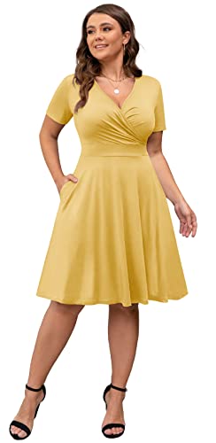 Image of POSESHE Womens Plus Size Dresses Summer Short Sleeve Wrap V-Neck Sundress Casual Wedding Guest Cocktail Dress with Pockets