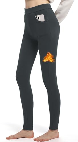 LYRIKER Baumwolle Thermo Leggings mit Taschen, Gefütterte High Waist Damen Winter Leggings mit Fleece, Dicke Warme Strumpfhose Thermohose