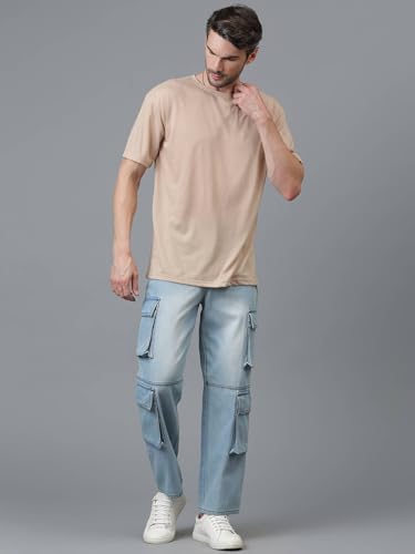 Image of KOTTY Men's Loose Fit Cargo Denim Jeans - Vintage Washed Utility Jeans with Side Pockets