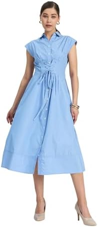 ZLAATA Blue Stripe Dress for Women | Cap Sleeve, Spread Collar, Lace-Up Corset Waist, Fit & Flare Formal Dress (in, Alpha, S)