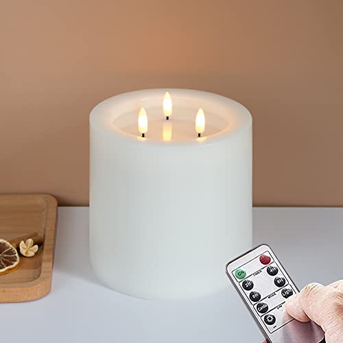 Yeelida 3-Wick 6 Inchx6 Inch Large Flameless Pillar Candles With Remote Control And Timer Function,White Battery Operated Led Flickering Real Wax 3D-Wick Candles For Home Decor cover
