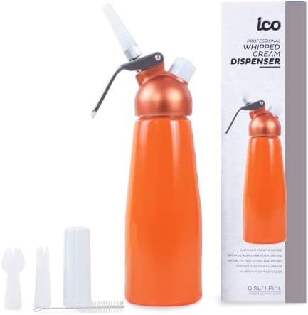 ICO Orange Aluminum Whipped Cream Dispenser for Homemade Whipping Cream, Whipped Cream Maker for Desserts, Dips, Sauces, and Infused Liquors, 1-Pint