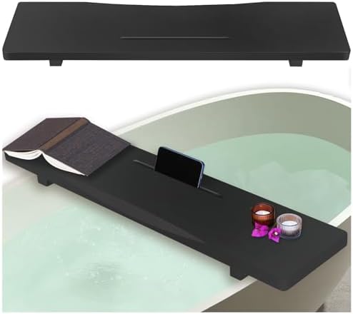 Stylish Black Bamboo Bathtub Tray Caddy with Adjustable Legs, Minimalistic Design Bath Tray for Tub, Bathtub Accessories, Fits Most Free Standing Bath Tubs, Idea for Women