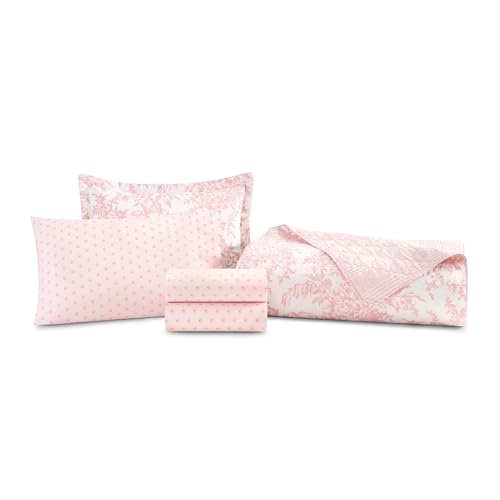 Image of Laura Ashley - Twin Size Bedding Bundle, Reversible Quilt with Matching Pillowcases & Cotton Percale Sheet Set, Floral Bedding with a Crisp & Cool Feel (Pink)