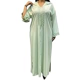 Style Traditionnel Élégant: Djellaba longue pour femme en vert menthe avec capuche, ornée de broderies délicates sur le devant et les manches pour une touche raffinée et chic