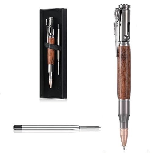 Image of bullet pen heavy metal realistic bolt action mechanism smooth writing ballpoint pen premium pocket clip stylish gift item for men (Brown)