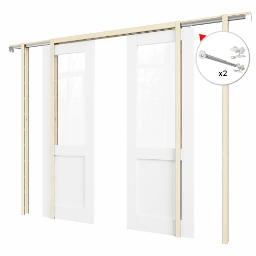 Image of 72 inch x 80 inch (Double 36 inch x 80 inch) Half Clear Glass Pocket Door, Soft-Close Sliding Pocket Door with Frame & Hardware Kit Set, Primed All-Inclusive Interior Door Slab for Home, White, Need to Assemble