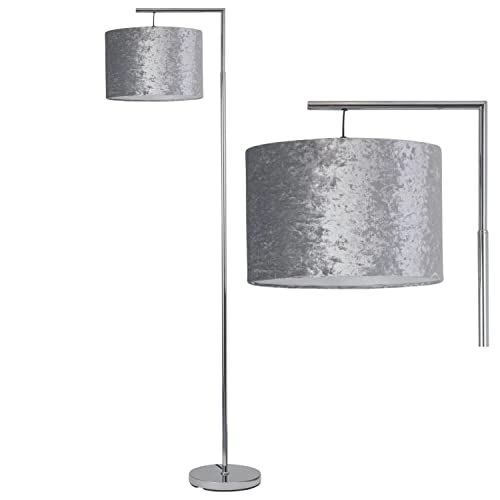 firstchoicelighting Modern Angled Design Floor Light Standing Lamp, Polished Chrome, Grey Crushed Velvet Shade, Height 163cm, LED Compatible