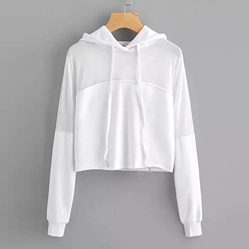 HIRIRI Women Long Sleeve Mesh Patchwork Workout Hooded Shirts Athletic Long Sleeve Running Crop Hoodie Sweatshirt White