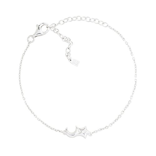 Vivid&Keith Womens Girls 925 Real Sterling Silver 18K Plated Swarovski Zirconia Cute Adjustable Gift Fashion Jewelry Link Chain Charm Pendant Bangle Bracelet, Moon & Star, White Gold Plated