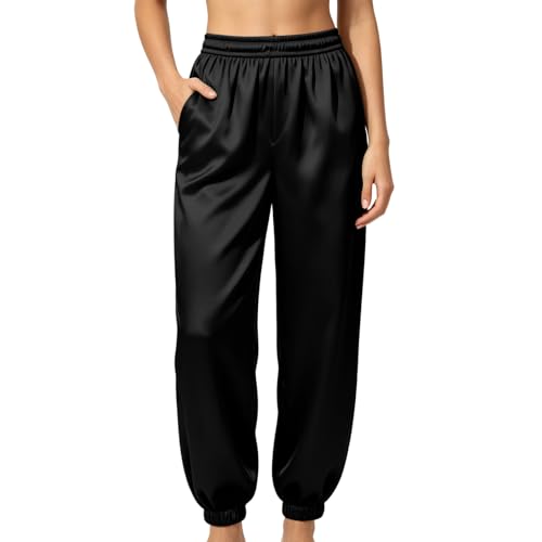 Women's Satin Jogger Pants Elastic High Waist Silky Ankle Cuff Lounge Pants Elegant Casual Long Trousers with Pockets Black