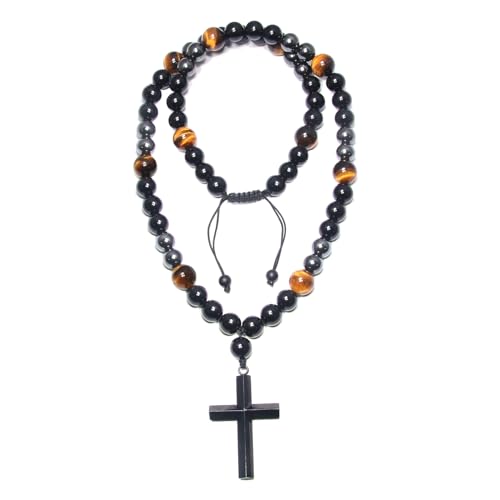 Healing Crystal Beads Necklace for Men Triple Protection Men Cross Necklace Black Obsidian Tiger Eye and Hematite Beads Christmas Gifts for Prayer and Meditation