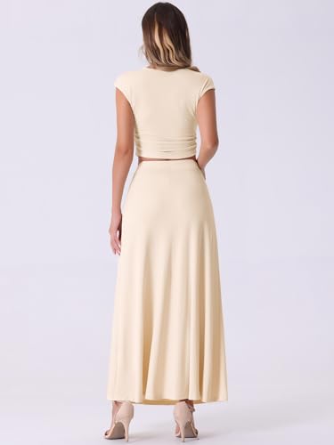 Allegra K Two Piece Skirt Set for Women's Casual Ribbed Knit Cropped Top Elastic Waist A-Line Midi Skirt4