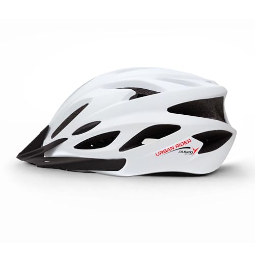 Image of Jaspo Urban Rider Plus Cycling Helmet with Adjustable Spin Dial (Upto 5cm) | Detahcable Visor | Quick-Release Buckle with Padded Chin Strap | Ideal for Men, Women & Kids (White, Large (58-63cm))