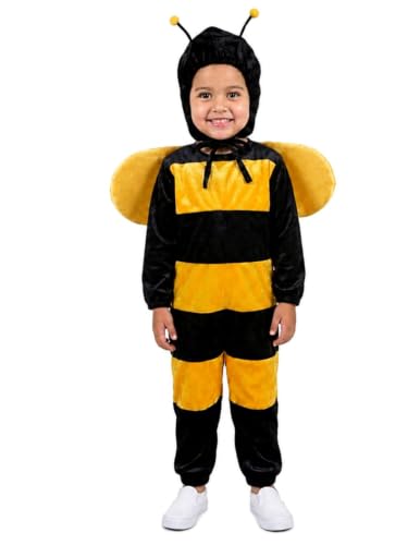 Image of BookMyCostume Kids Bumble Bee Costume - Velvet Honey Bee Insect Costume - Black Yellow Jumpsuit with Hood Antennae and Wings for School Annual Day, Fancy Dress, and Photoshoots | 3-4 Years