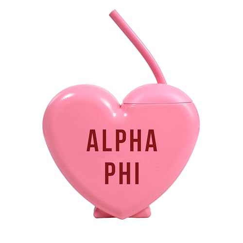 Sorority Shop Alpha Phi Tumbler with Straw - Candy Heart Shaped 16 Oz Tumbler with Lid and Silicone Straw, Reusable Plastic Cup with Screen Printed Sorority Name for any Cold Drink