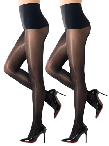 MANZI Womens Shiny Seamless Pantyhose with Control Top 15D Sheer Shiny jazz Tights Shimmer Nylons Silk Stockings(Black L)