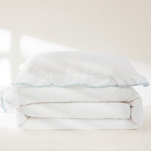 Image of Lush Decor - Duvet Cover Set, 2-Piece Cotton Bedding with Matching Sham, Contrast Edge & Stylish Border (Reyna Off-White /Blue, Twin XL)
